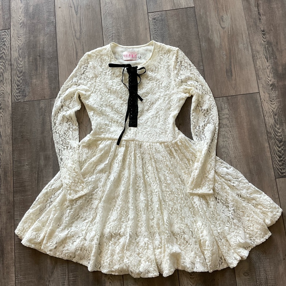 White lace dress with black ribbon
